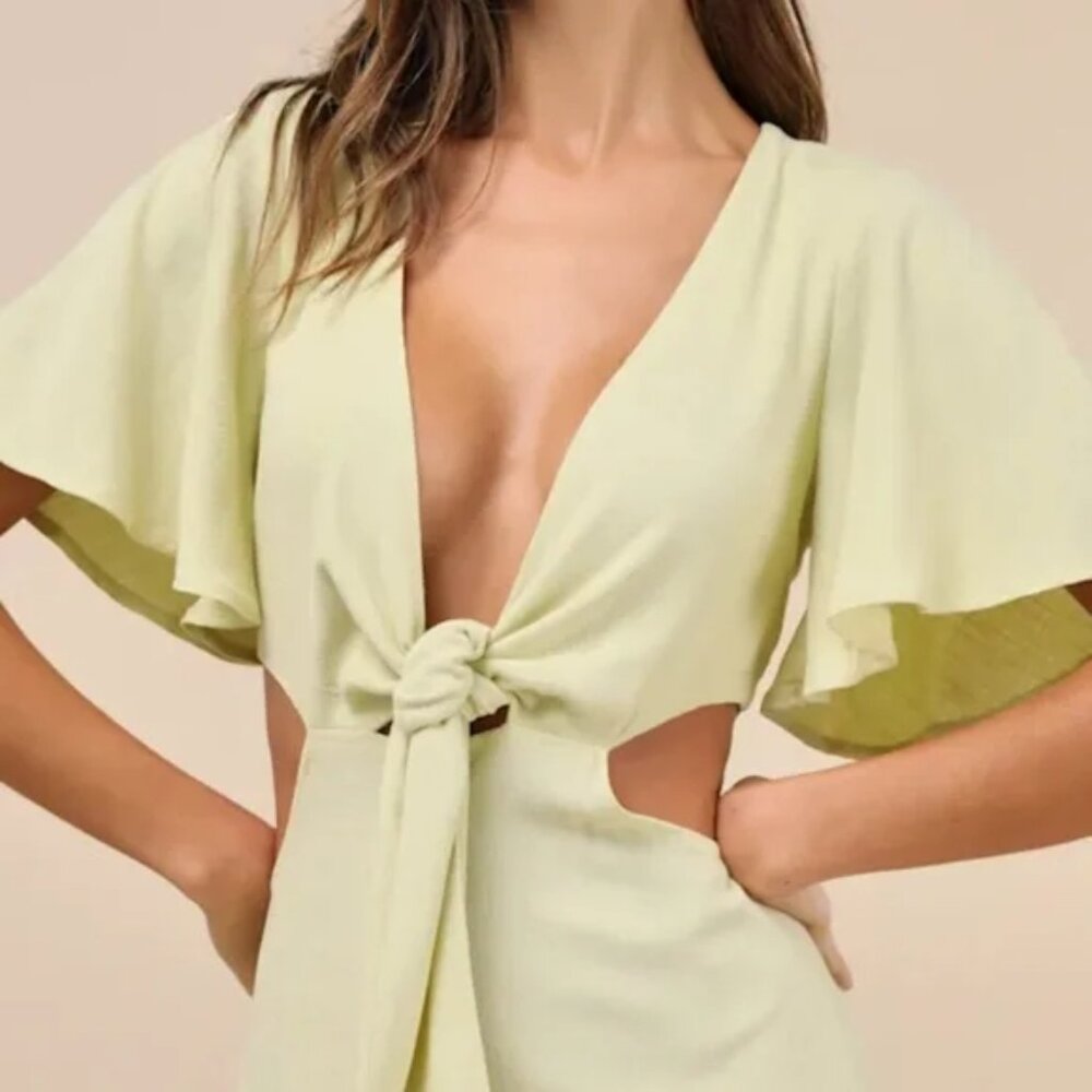 Lulus Linen Blend Summer Dress Midi Cutout Flutter Sleeve Green Size M